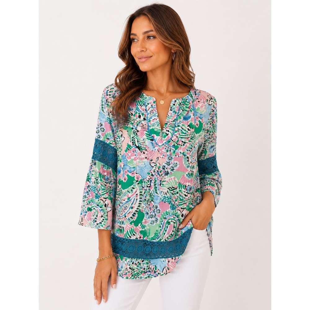 Crown & Ivy Womens Paisley Crochet Trim Bell Sleeve Tunic Top Pink Blue Green L